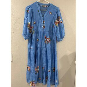 Figueroa & Flower Dress Womens Blue Midi Flowers Embroidered size S